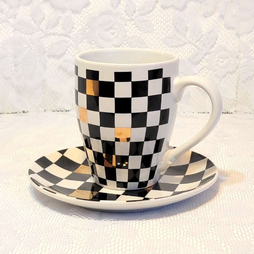 Delicate Coffee Cup Saucer Set Black White Gold